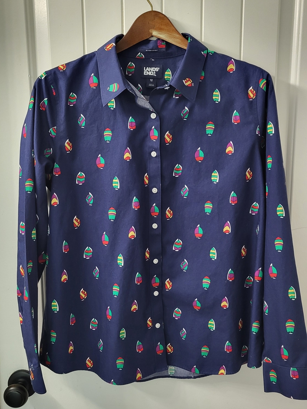 Lands' End Women's Navy Button-Down Shirt with Colorful Print